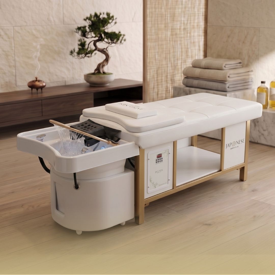 CREAMBED3 Japanese Head Spa White Full Bed Hybrid Unit with Gold Frame- PLUMBED (inc. Steamer, Steamer Hood & Water Heater)