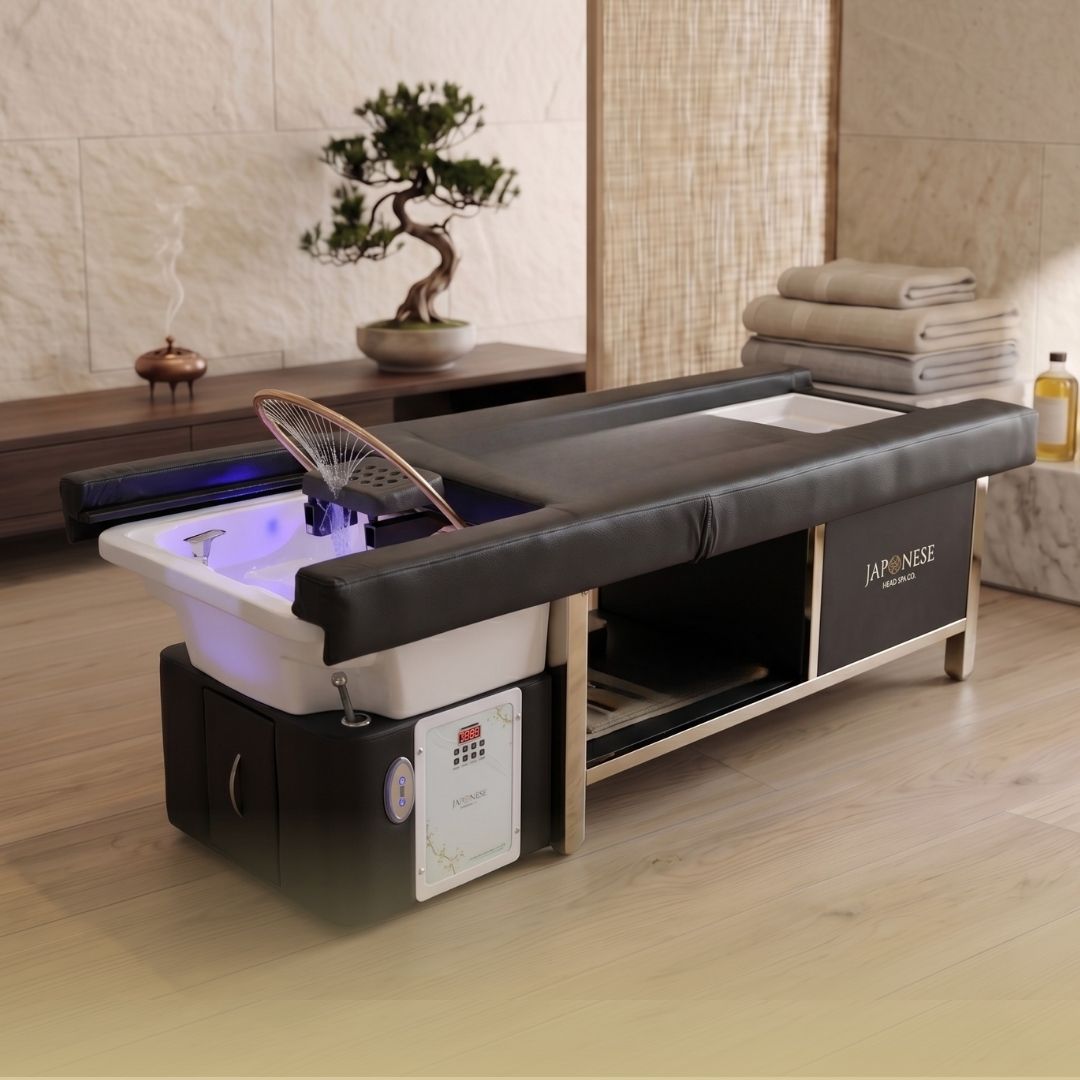 FULL ELECTRIC BED Japanese Head Spa Black Full Bed with Foot Spa Plumbed - with Electric Back Rest (inc. Steamer, Steamer Hood & 2 x Water Heater)