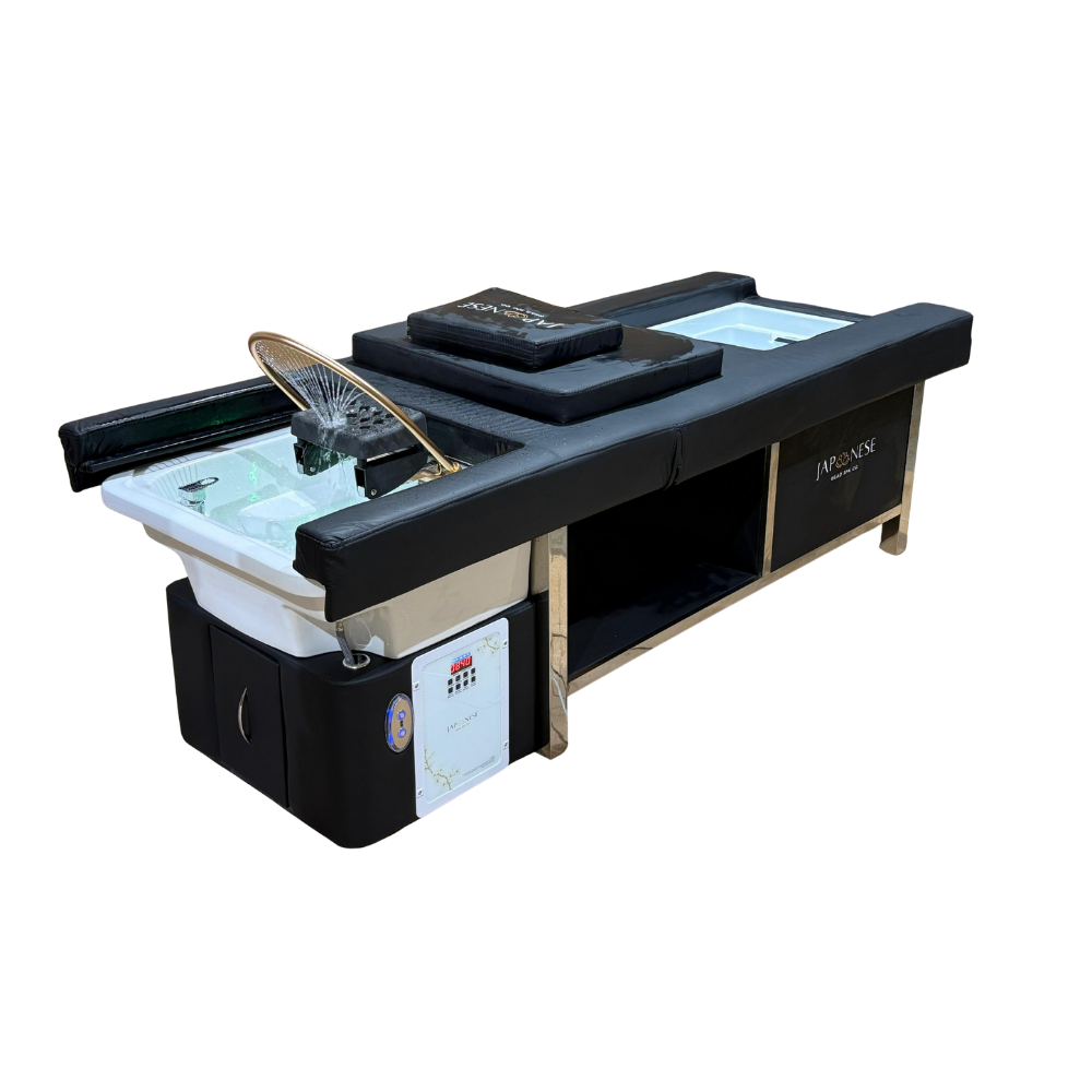 Japanese Head Spa Black Full Bed with Foot Spa Plumbed - with Electric Back Rest (inc. Steamer, Steamer Hood & 2 x Water Heater)