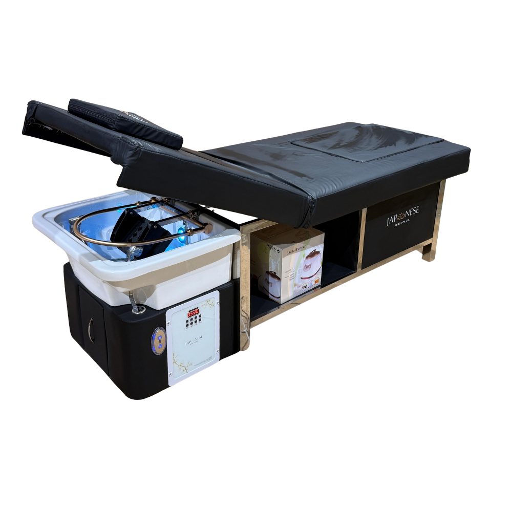Japanese Head Spa Black Full Bed with Foot Spa Plumbed - with Electric Back Rest (inc. Steamer, Steamer Hood & 2 x Water Heater)