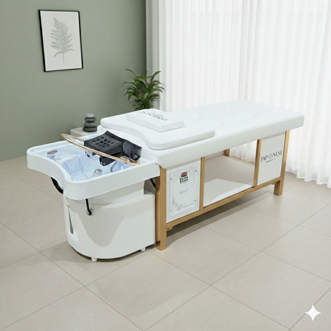 Japanese Head Spa White Full Bed Hybrid Unit with Gold Frame- PLUMBED (inc. Steamer, Steamer Hood & Water Heater)