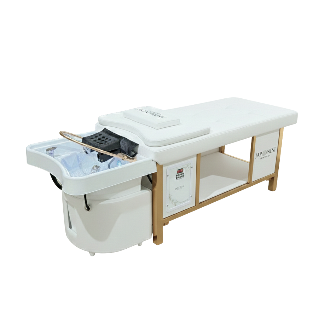 Japanese Head Spa White Full Bed Hybrid Unit with Gold Frame- PLUMBED (inc. Steamer, Steamer Hood & Water Heater)